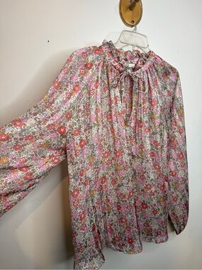 H&M Pink Multi Floral Tie-Neck Long-Sleeve Blouse